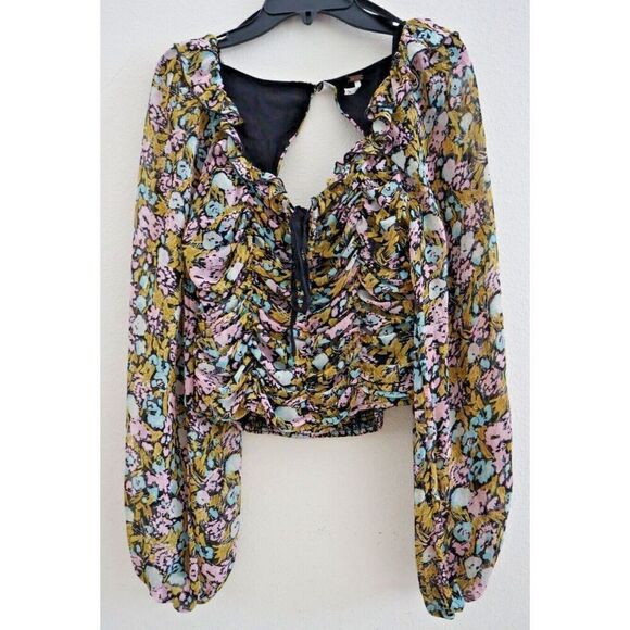 Free People OB1085105 Women's Sz XS Black Combo Floral Mabel Printed Blouse - Picture 1 of 6